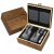 Whiskey set in wooden box with glass, tongs and whiskey stones