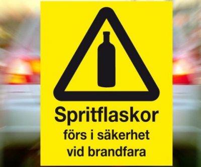 Spirits label "Spritflaskor förs i säkerhet vid brandfara"