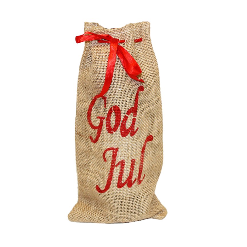 Jute bag with silk ribbon and text God Jul in red text