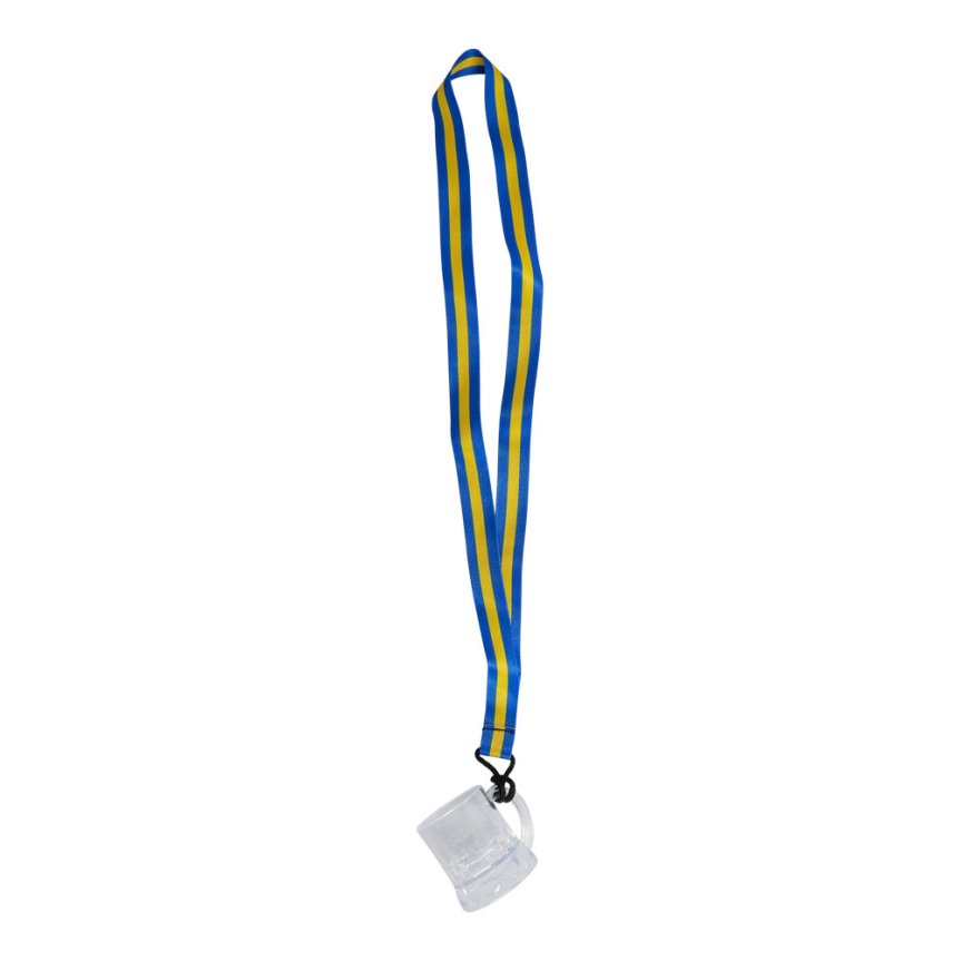 Shot glass student with blue and yellow ribbon