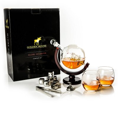 Whiskey decanter Globe 85 cl with 2 glasses and 8 whiskey stones